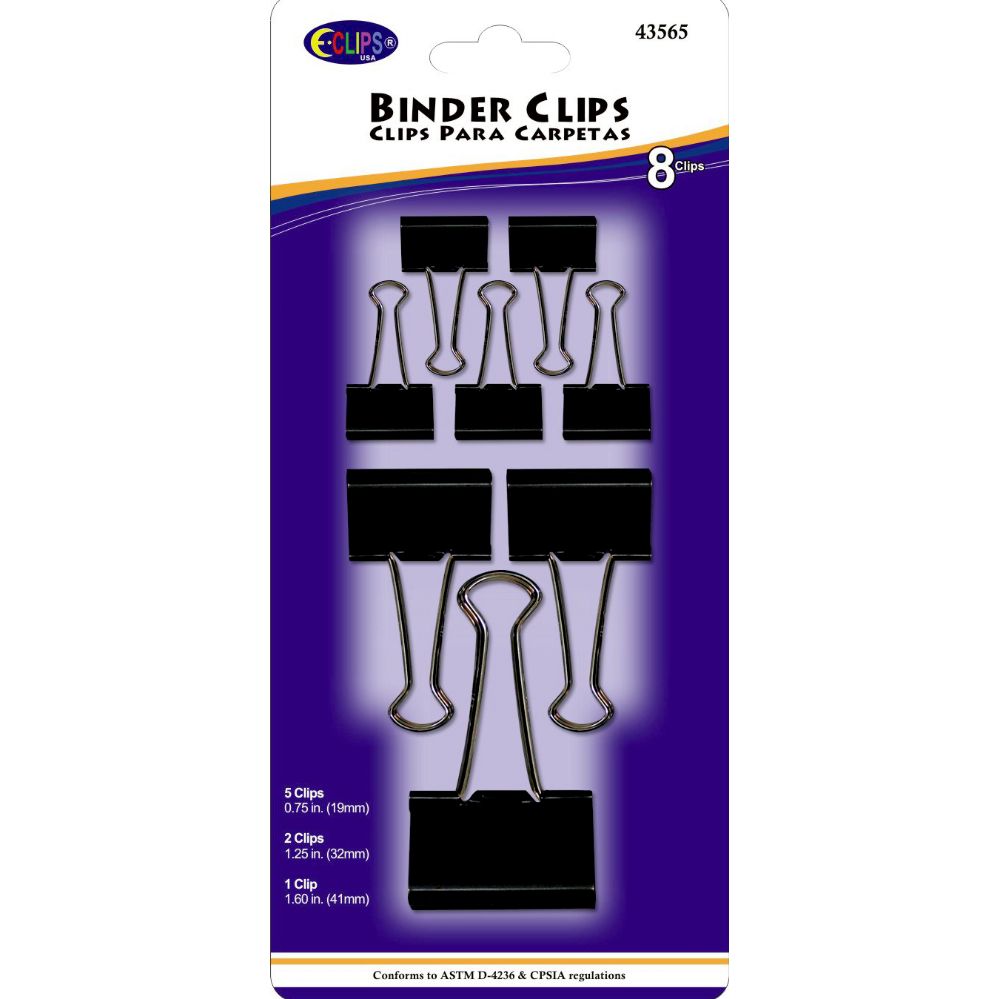 48 Wholesale Binder Clips, 8pk, Asst. Sizes, Black