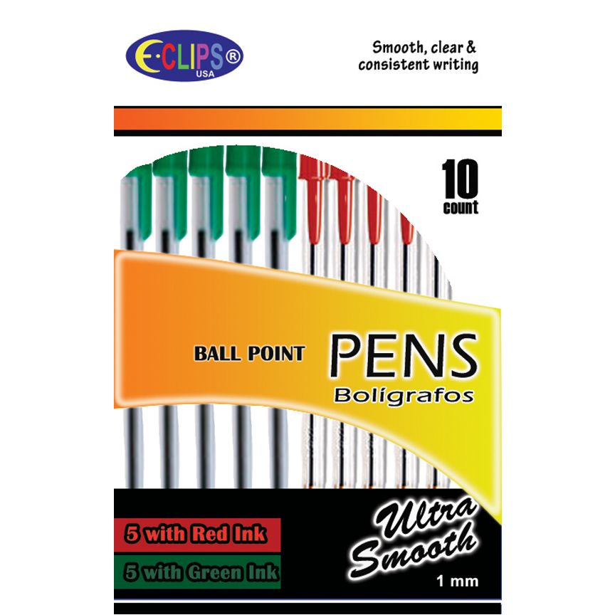 36 Wholesale Stick Pens, 10 Pk: 5 Green Ink, 5 Red Ink
