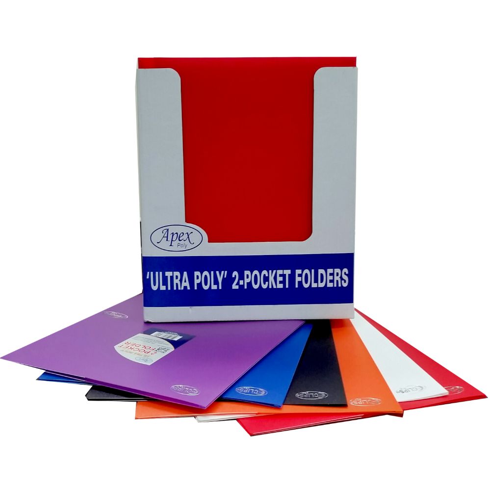48 Pieces of 2 Pocket ultra poly folder, no holes, asst. colors, in display 