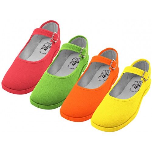 36 Wholesale Girls' Cotton Mary Jane Shoes Assorted Neon Color Only