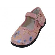 36 Wholesale Girls' Satin Brocade Plum Flower Upper Mary Janes Shoe - Pink Color Only