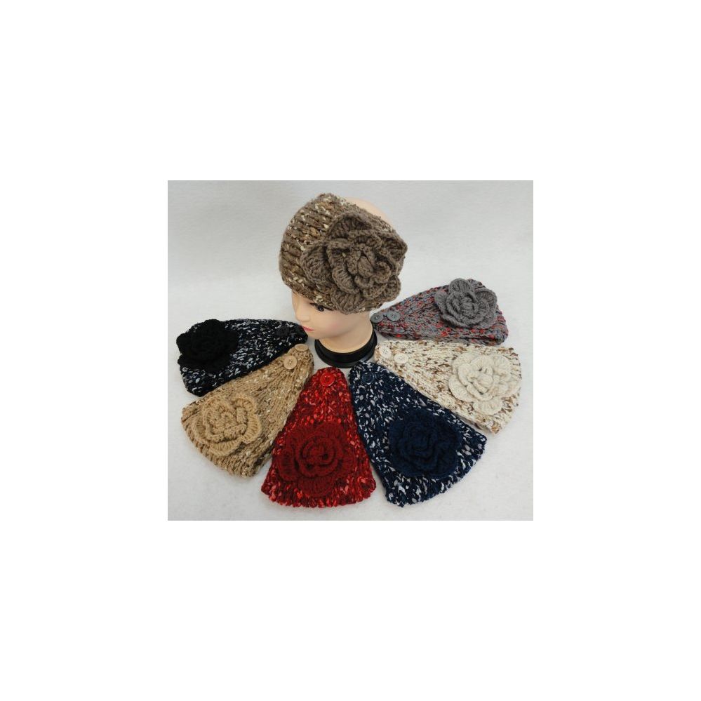48 Bulk Wide Hand Knitted Ear Band [variegated BanD-Solid Bow] Assorted Colors