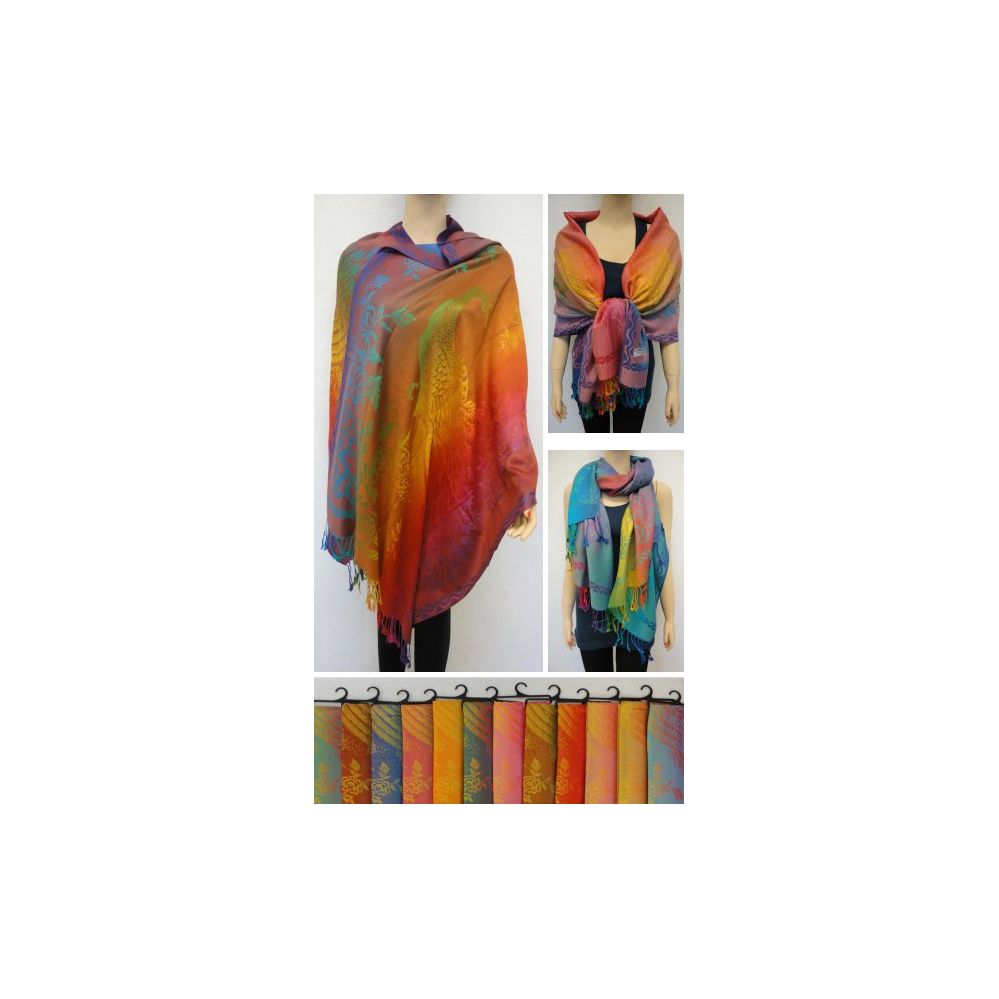 24 Wholesale Pashmina With Fringe [colorful Peacock & Floral]