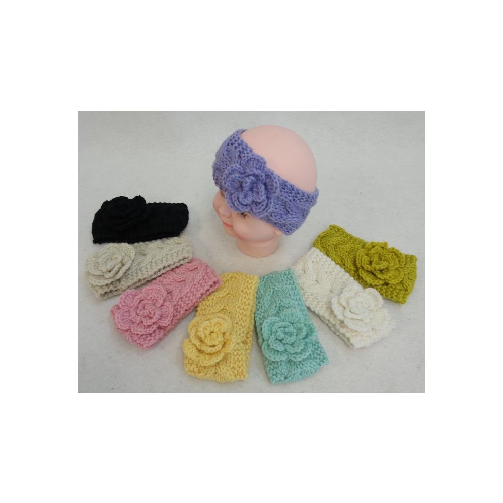 48 Wholesale Baby Hand Knitted Ear Band [cable Knit Loop With Flower]