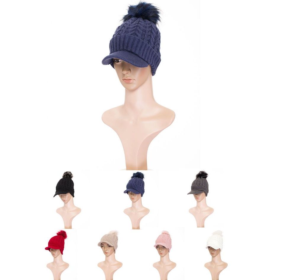 36 Wholesale Womens Soft Warm Ribbed Knit Visor Brim Pom Pom Beanie Hat With Plush Lining