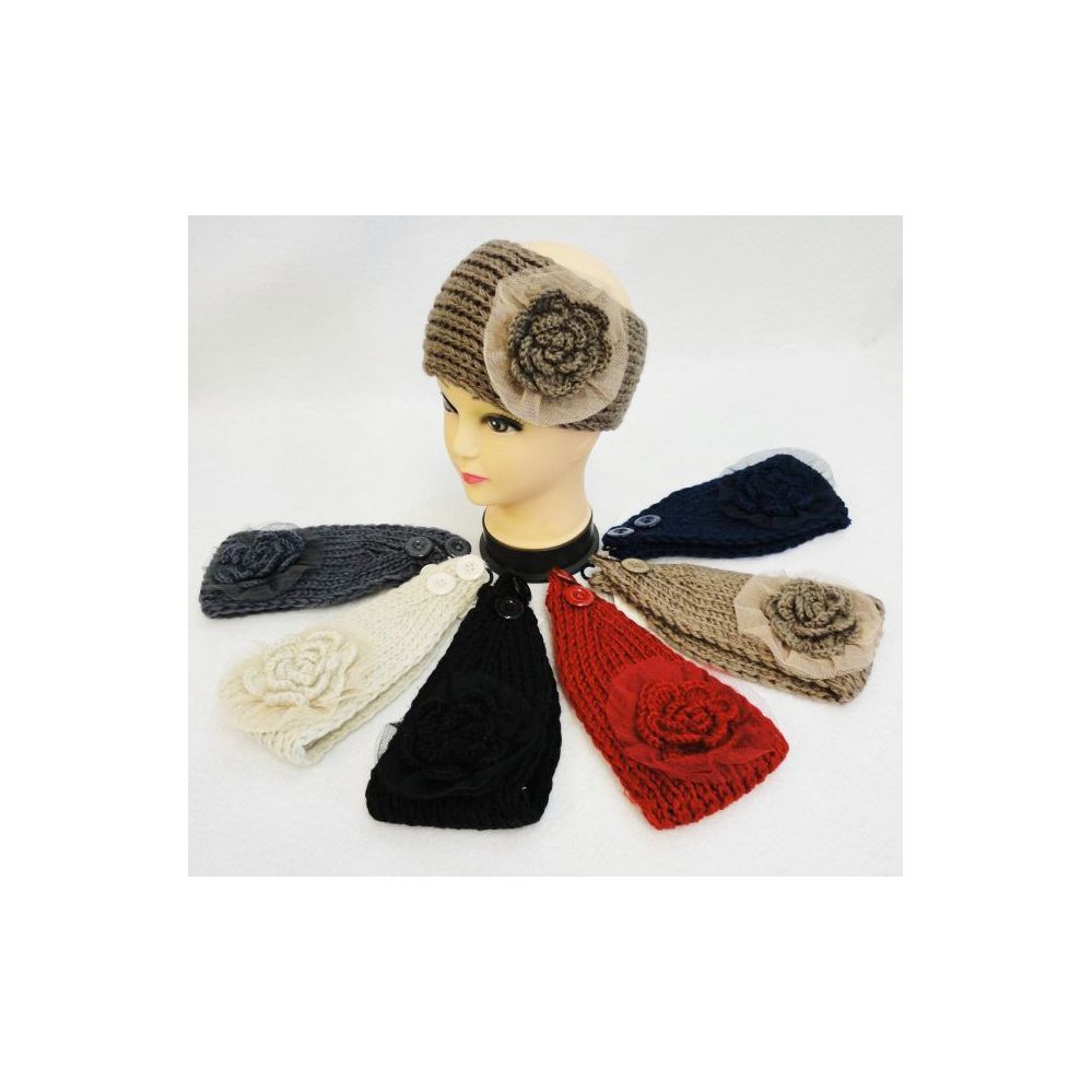 36 Wholesale Wholesale Knitted Headbands Flower With Mesh Lace