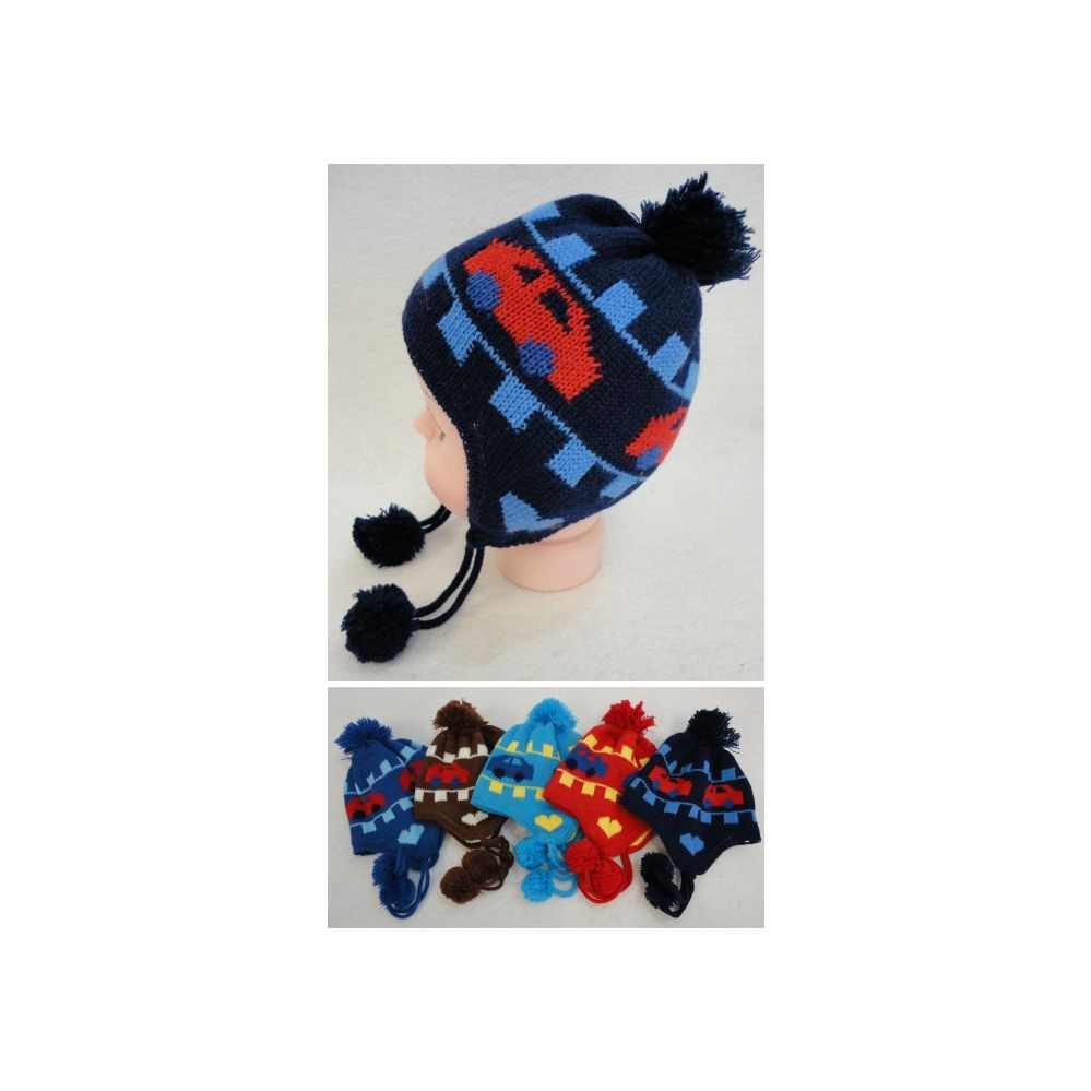 24 Pieces Baby FleecE-Lined Knit Cap With Ear Flap [cars] - Winter Beanie Hats