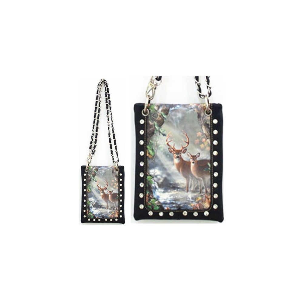 10 Pieces Wholesale Rhinestone Phone Purse With Deers In The Wood Black