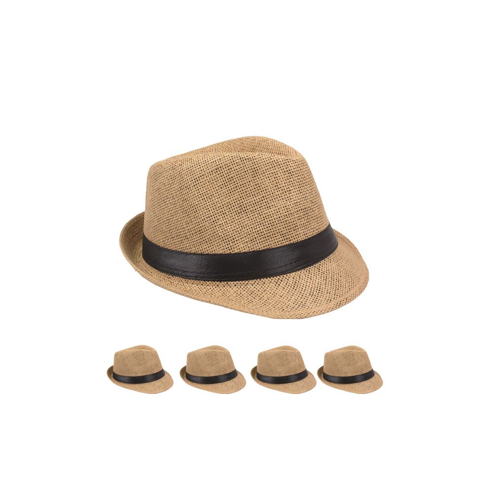 12 Pieces of Classic Tan Toyo Straw Trilby Fedora Hat with Black Strip Band