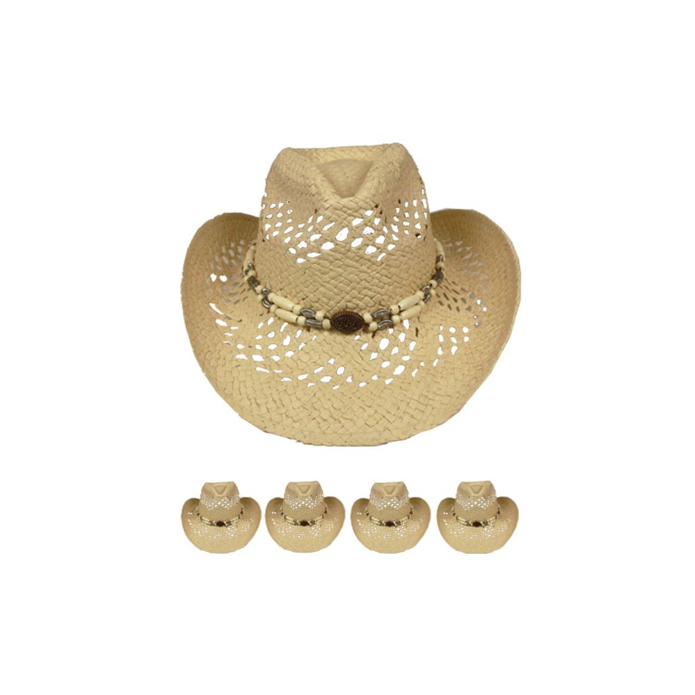 24 Pieces Light Brown Hollow Straw Beaded Band Beach Cowboy Hat Cowboy & Boonie Hat at