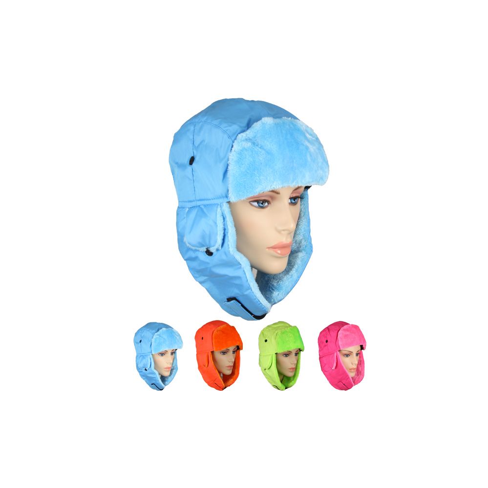 36 Wholesale Assorted Neon Color Winter Pilot Hat With Faux Fur Lining And Strap