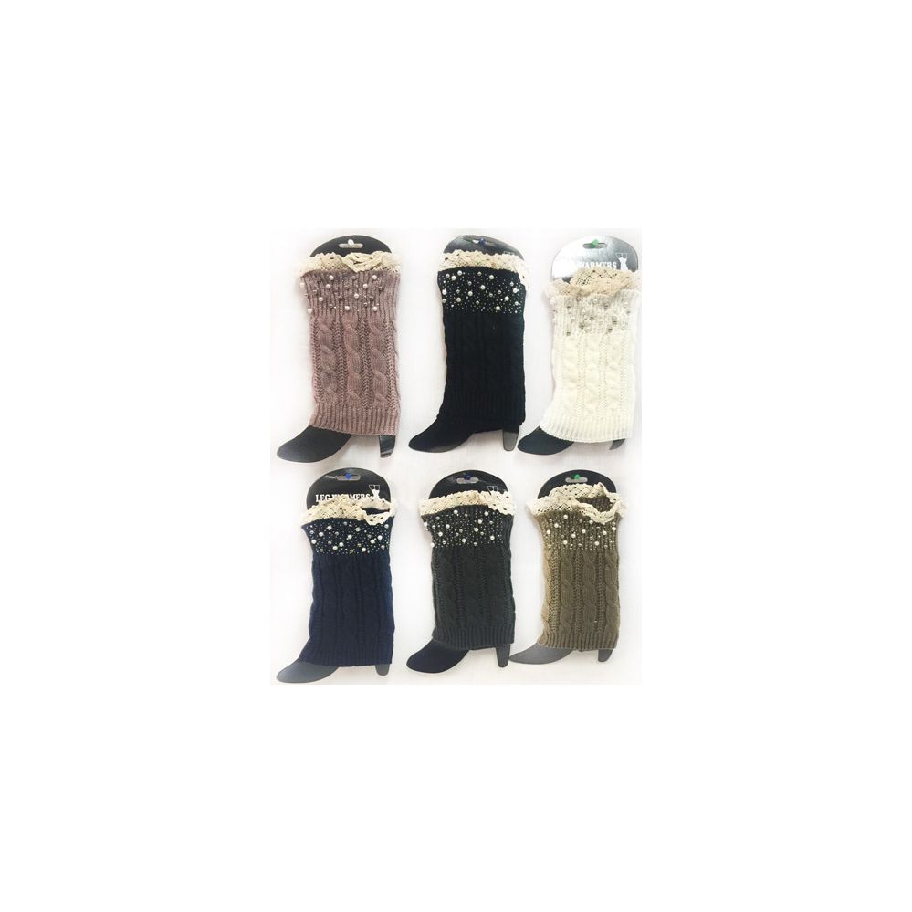 12 Wholesale Wholesale Knitted Rhinestone Boot Topper With Crochet Top Assorte