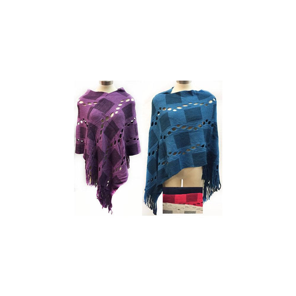 6 Wholesale Wholesale Knit Poncho Shawl Contrasting Square Patch And Fringes
