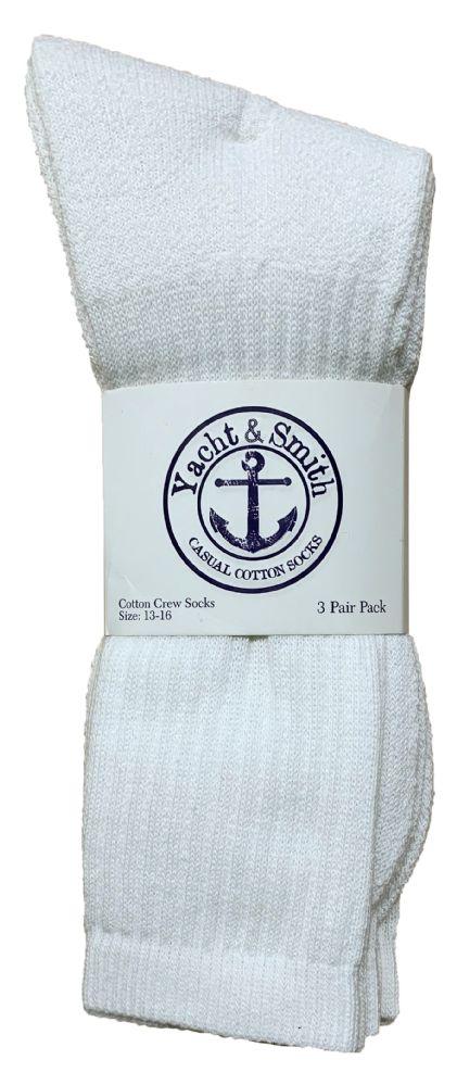 24 Pairs of Yacht & Smith Men's King Size Soft Cotton Terry Cushion Crew Socks, Sock Size 13-16 Solid White
