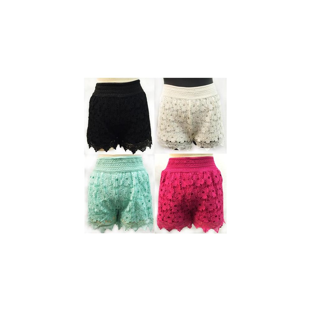 12 Pieces of Wholesale Solid Color Flower Crochet Shorts With Fringes Assorted