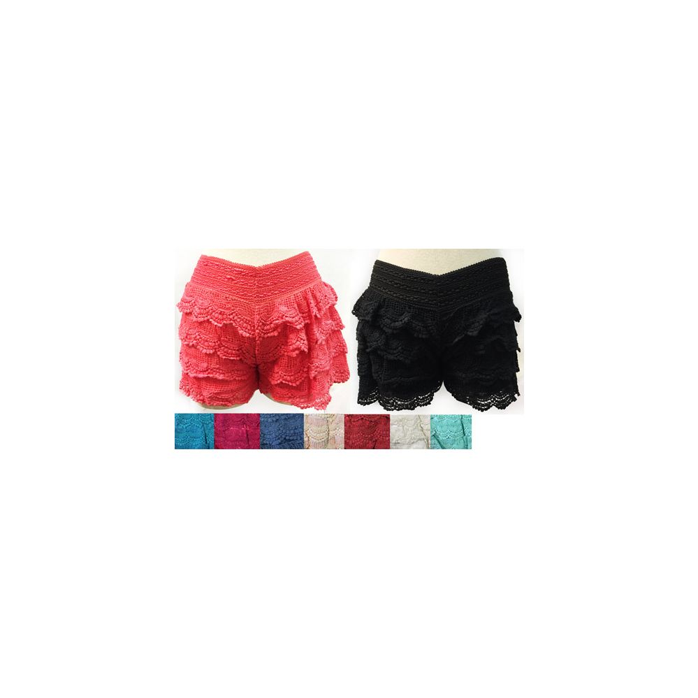 12 Pieces of Wholesale Solid Color Layered Crochet Shorts Assorted Colors