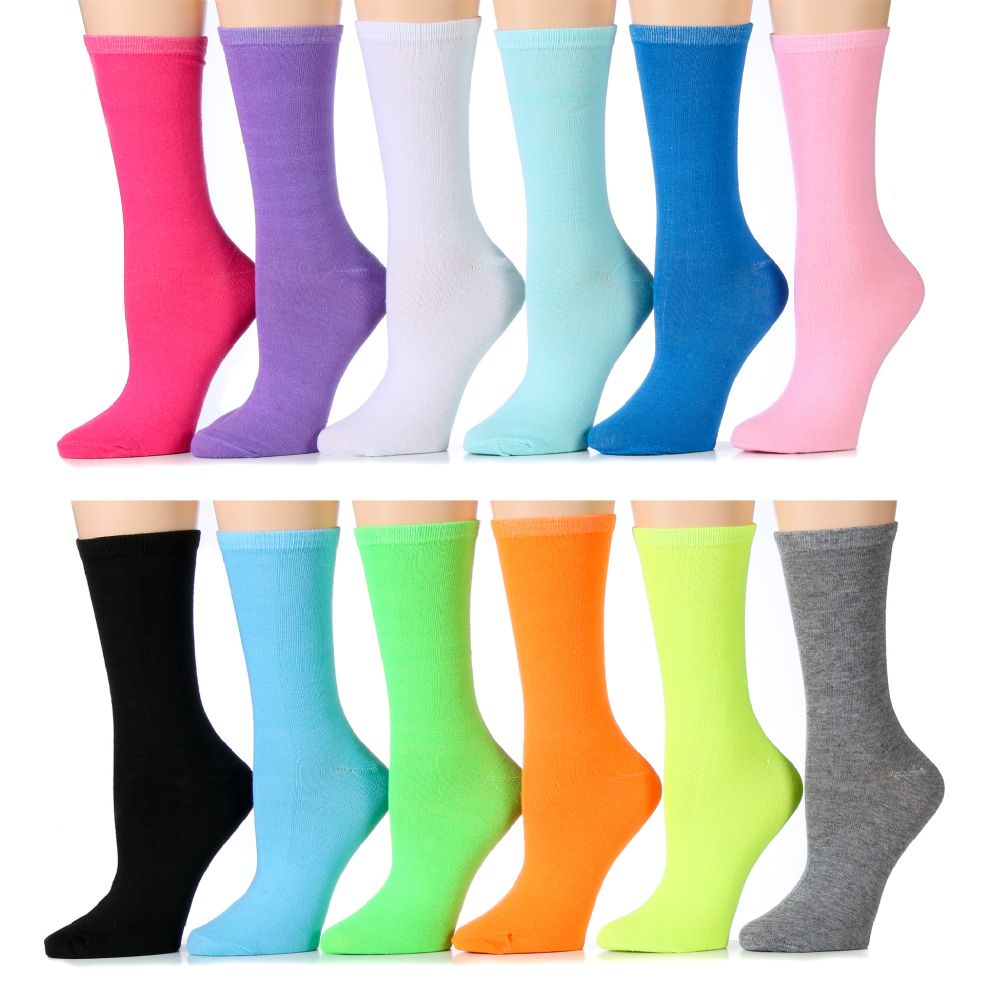 12 Wholesale Ladies Neon Crew Socks Assorted Colors Size 9-11