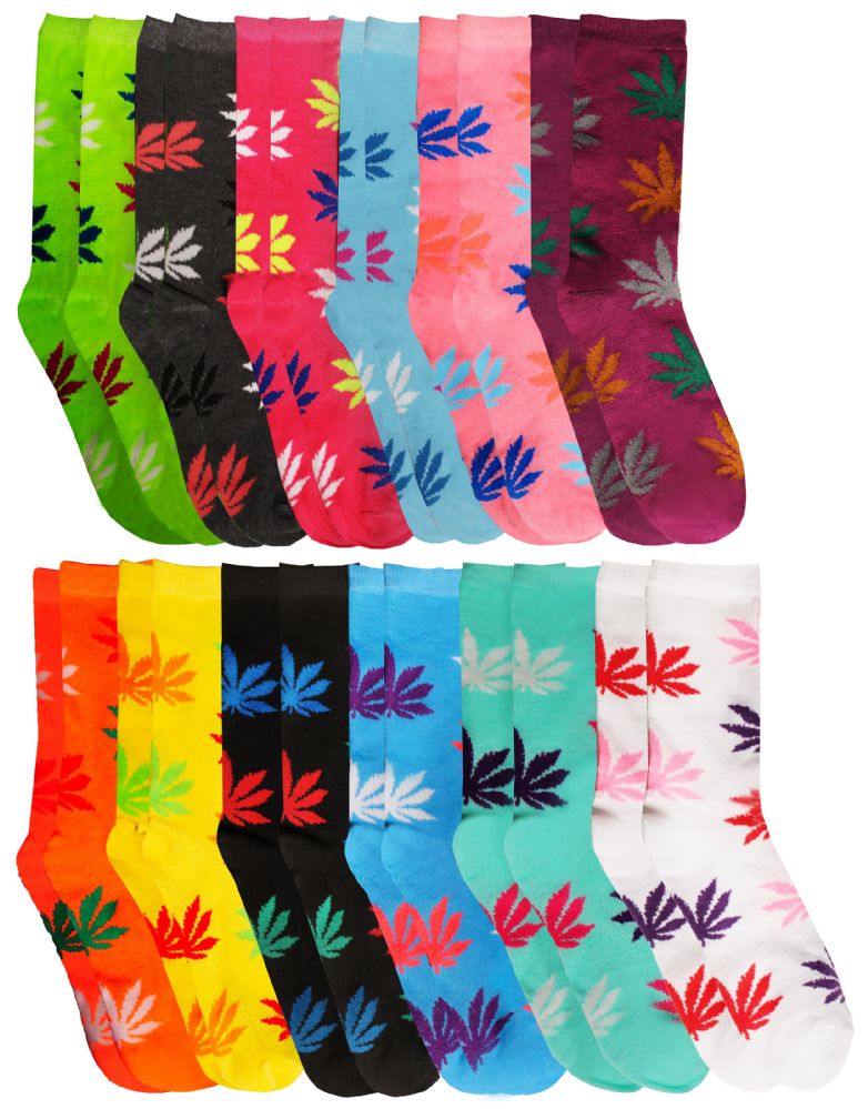 24 Wholesale Yacht & Smith Womens Thin Cotton Marijuana Weed Crew Socks, Size 9-11