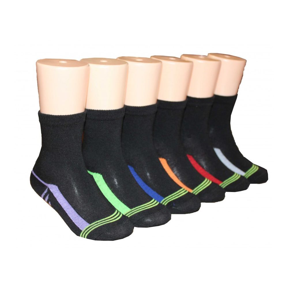 480 Wholesale Boys Solid Black Color Crew Socks With Color Stripe Bottom