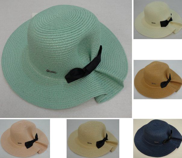 24 Wholesale Ladies Woven Summer Hat [puckered Back W Bow]