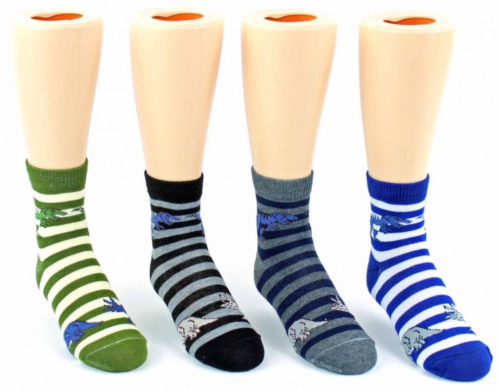 24 Wholesale Kid's Novelty Ankle Socks - Striped Dinosaur Print - Size 6-8