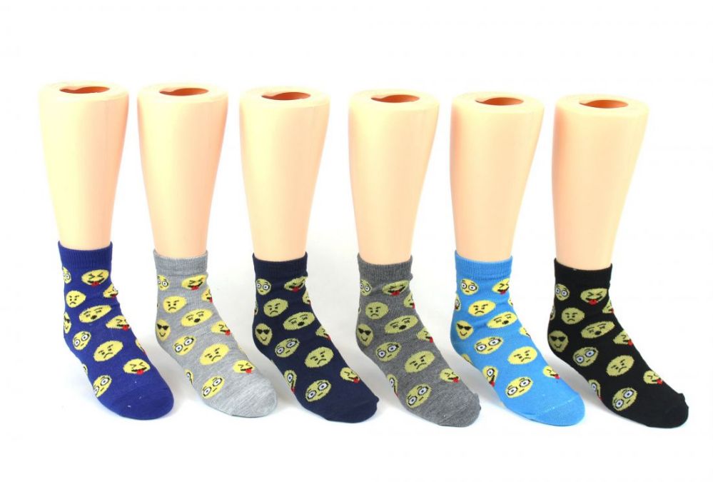 24 Wholesale Kid's Novelty Ankle Socks - Emoji Print - Size 4-6