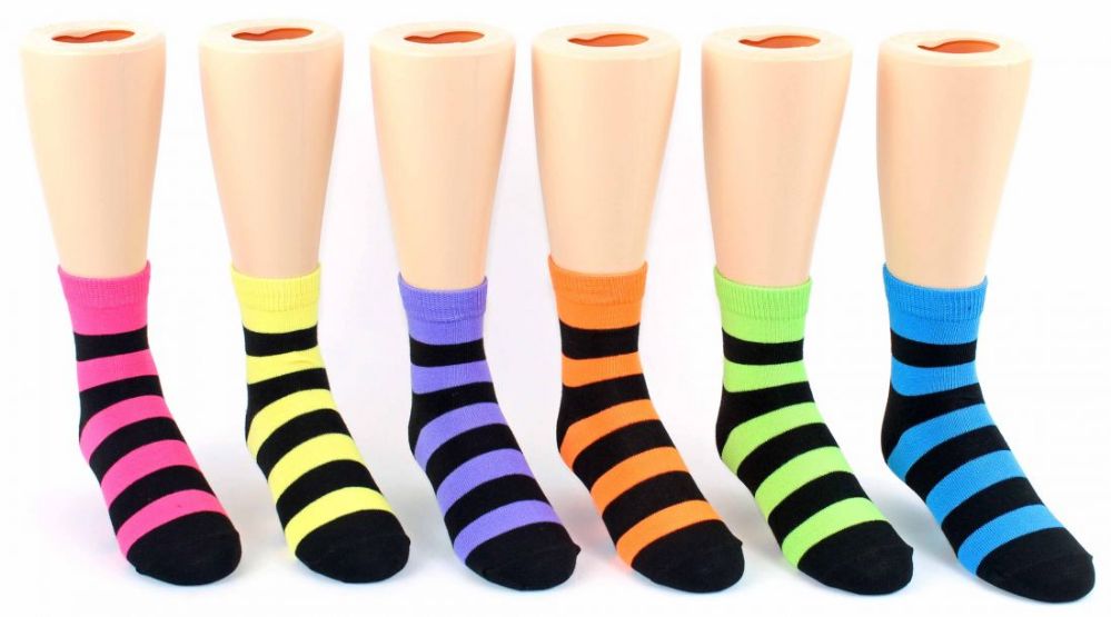 24 Wholesale Kid's Novelty Ankle Socks - Neon & Black Stripes - Size 4-6