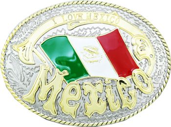 Mexico Mexican Country Flag Huge Large Silver Crystals Belt Buckle Mens Chrome.