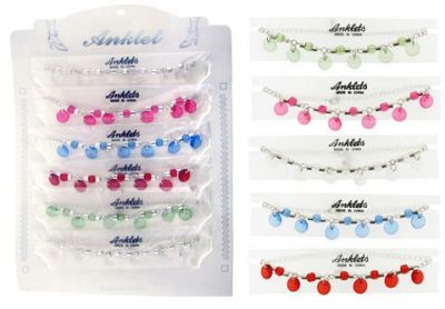 72 Pieces of Faceted Silvertone Chain Anklet With Assorted Colored Beads