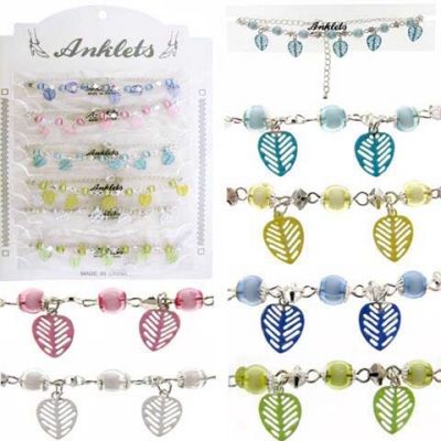 72 Wholesale SilveR-Tone Chain With Assorted Color Beads And Assorted Color Leaf Shaped Dangles