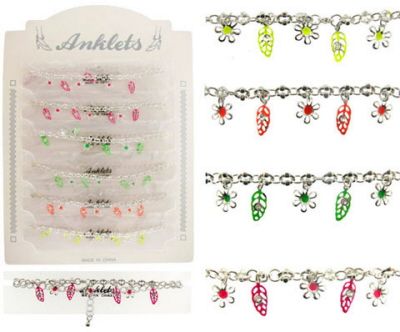 36 Wholesale Silver Tone Chain With Fluorescent Enamel Leaf Dangles And Silver Tone Flowers
