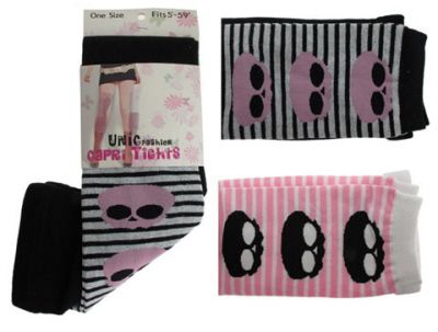 48 Pairs of Black, Pink And White Capri Tights With Skull And Stripes Designs.