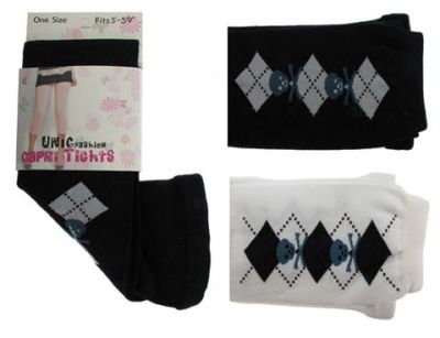 48 Pairs of Black And White Capri Tights With Blue Skull And Argyle Designs.