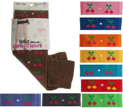 48 Pairs of Assorted Colored Capri Tights With Cherry Designs.