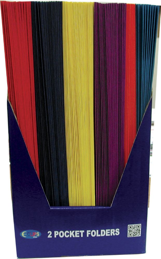 100 Pieces of 2 Pocket Folders, No Holes,asst. Colors, In Display