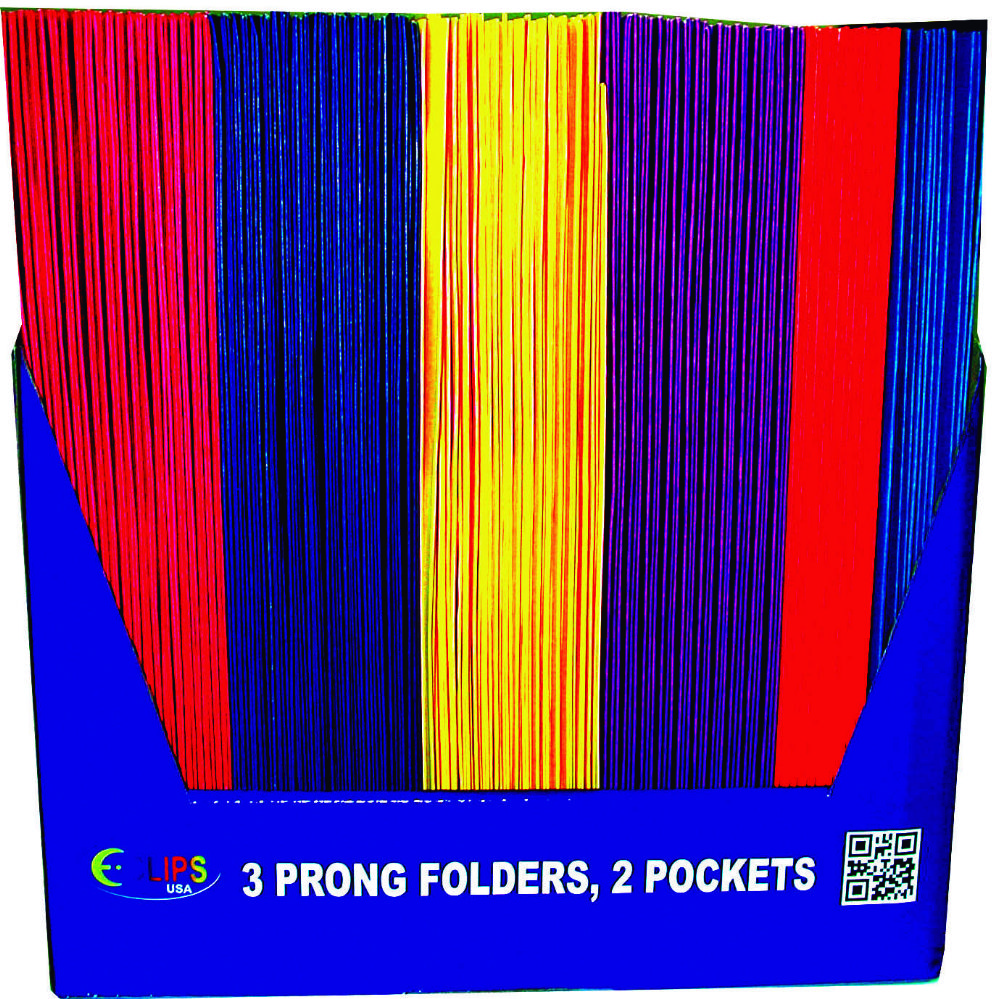 100 Pieces of 2 Pocket Folders, With Prongs, Asst. Colors, in Display