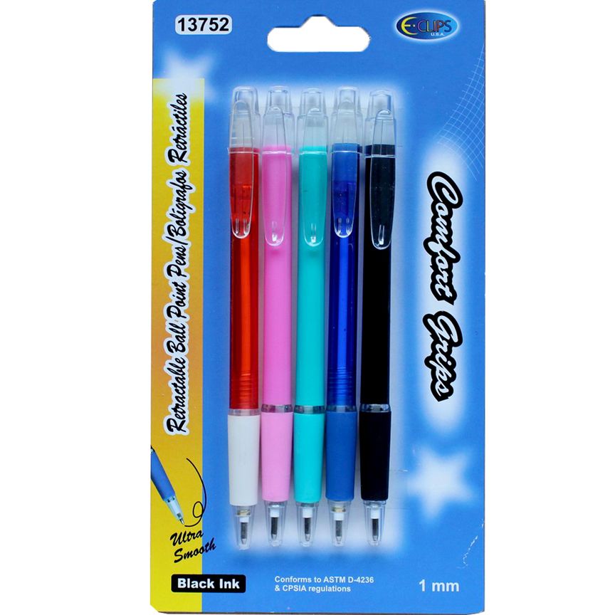 48 Wholesale Retractable Pens - 5 Pack, All Black Ink