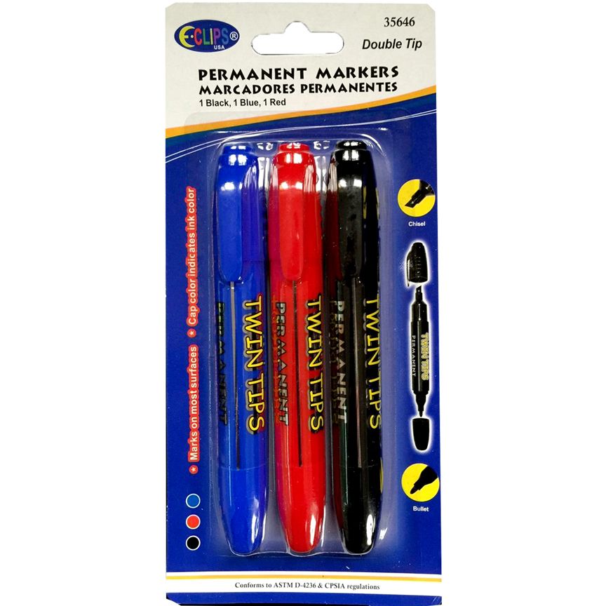 48 Pieces of Permanent Markers, Double Tip: Chisel & Bullet, 3 Pk., Blue, Black & Red Ink