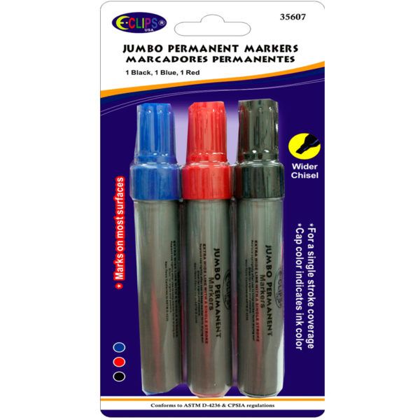24 Packs of Jumbo Permanent Markers, Wider Chisel Tip, 3 Pk., Black, Blue & Red Ink
