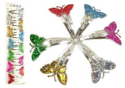 72 Wholesale Silvertone Clip With Assorted Color Holographic Glitter Look Vinyl Butterflies