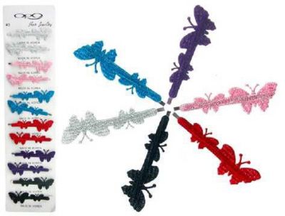 72 Wholesale SilveR-Tone Bobby Pin With Assorted Color Fabric Glitter Butterflies