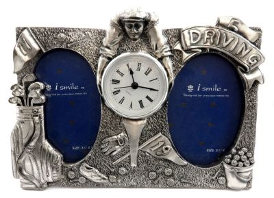 10 Pairs of Dual Picture Frame Made Of Pewter With Assorted Golf Designs And A Clock In The Center