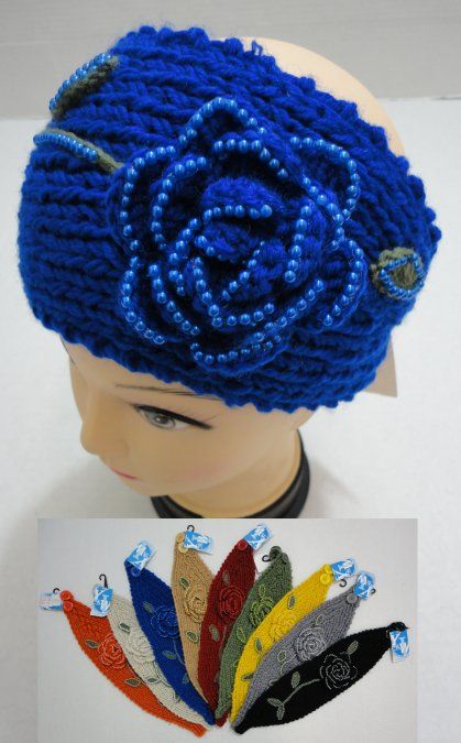 24 Wholesale Hand Knitted Ear Band W/ Beaded Flower & Leaves