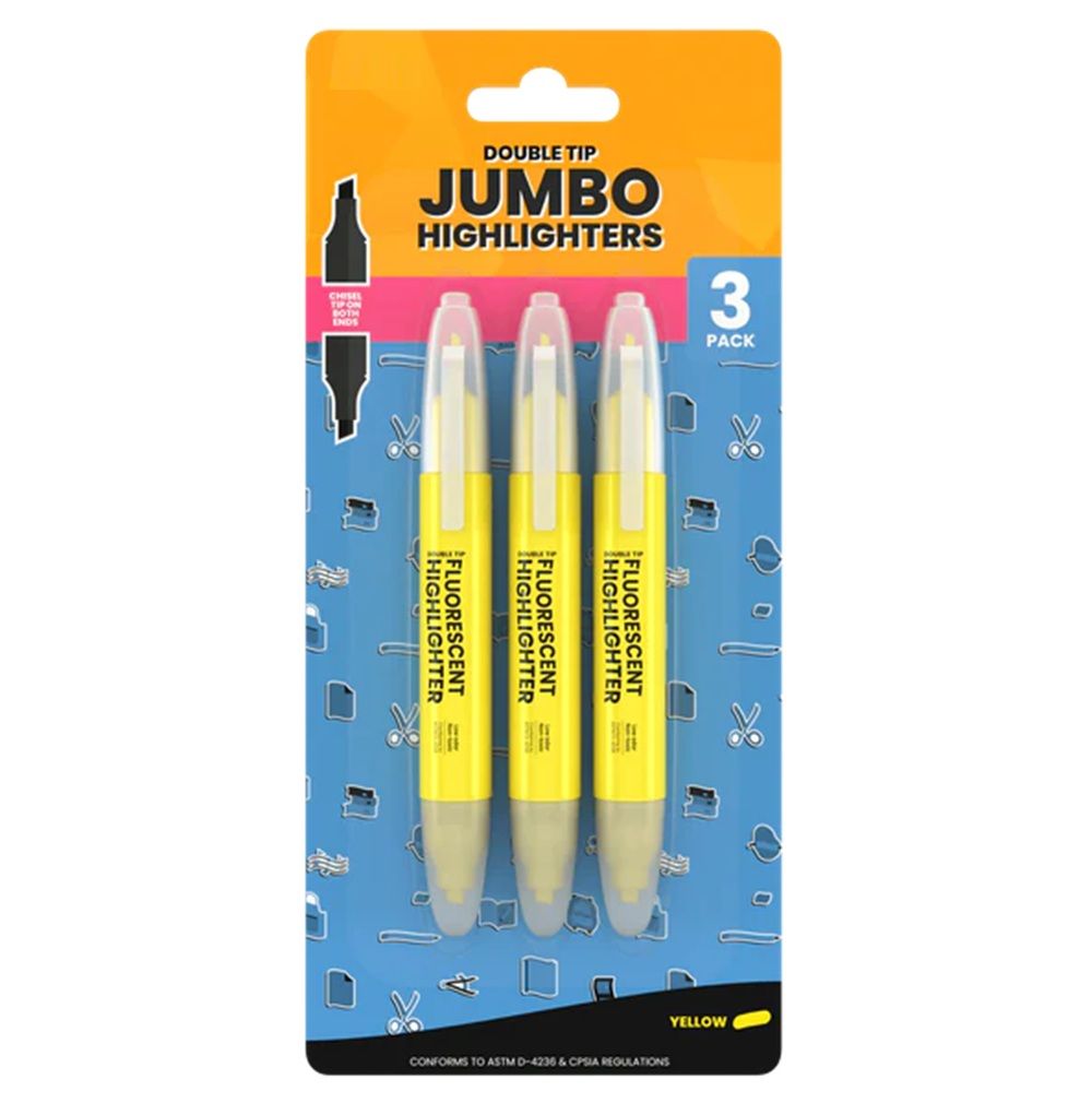 24 Pieces of Fluorescent highlighters jumbo double tip: chisel & bullet 3 -pack yellow