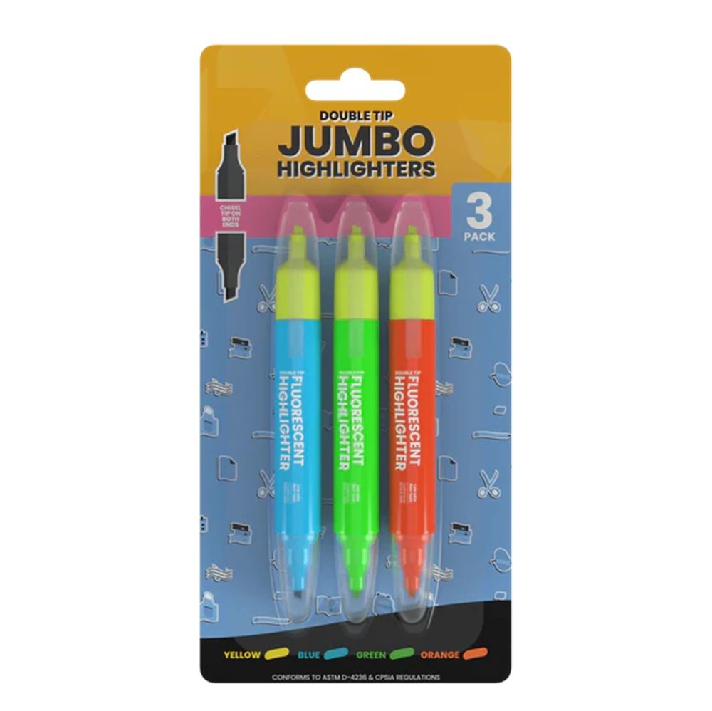 36 Packs of Fluorescent highlighters jumbo double tip: chisel & bullet 3 -pack Assorted colors