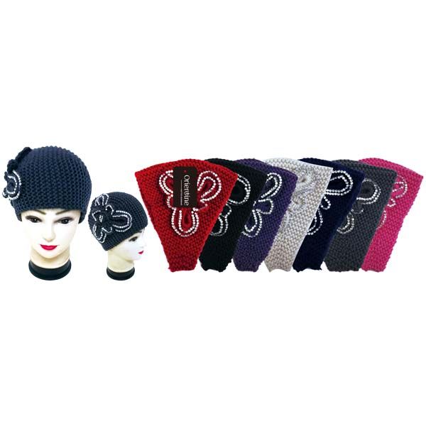 48 Wholesale Knit Head Band With Rhinestone Flower