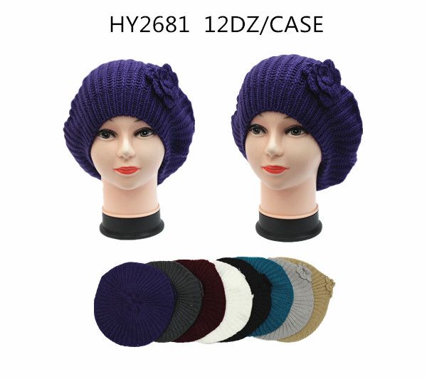 72 Pieces Winter Heavy Knit Beret With Flower Assorted Colors - Winter Beanie Hats