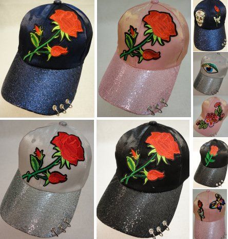 48 Wholesale Ladies Sparkle Hat [asst Applique] Rings On Bill
