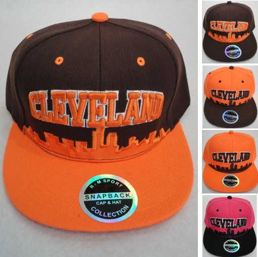 24 Pieces Snap Back Flat Bill Hat [cleveland Skyline] Brown/orange - Baseball Caps & Snap Backs