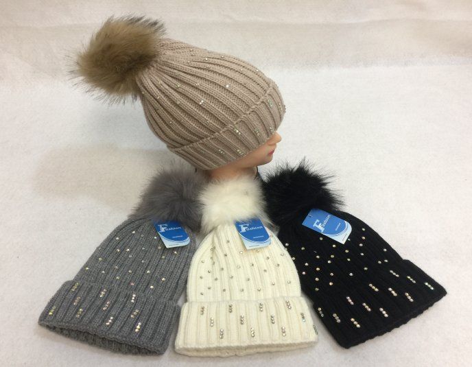 24 Pieces Ladies Knitted Hat With Fur Pompom - Winter Beanie Hats